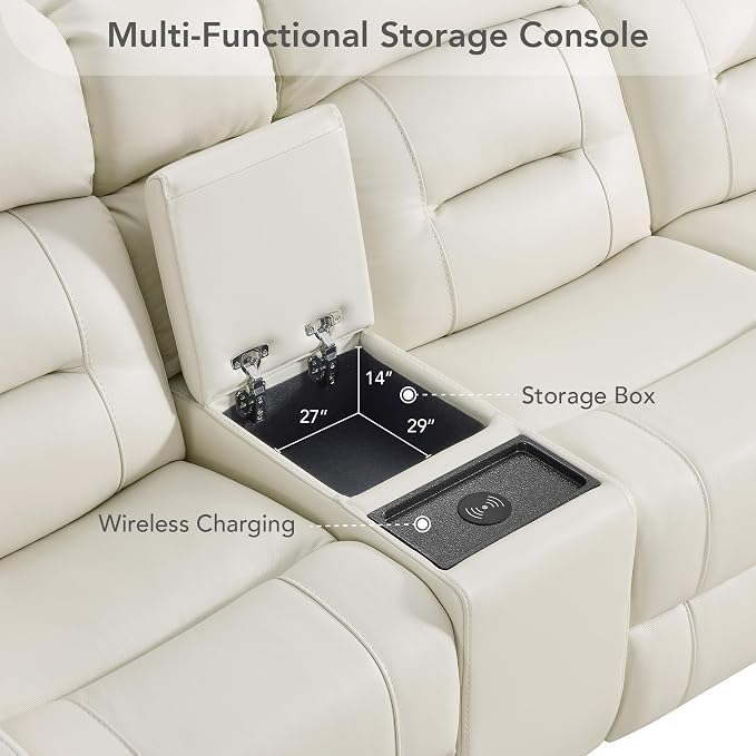 Watson & Whitely Genuine Leather Power Loveseat and Recliner Sofa Set, Lay Flat Reclining Couch with Console, Power Headrest, USB & Wireless Charging, Cup Holders for Living Room, Cream