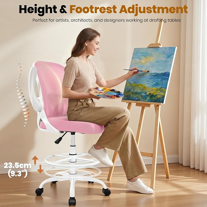 Primy Drafting Chair Tall Office Chair with Flip-up Armrests Executive Ergonomic Computer Standing Desk Chair with Lumbar Support and Adjustable Footrest Ring (Pink)