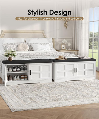 Akxomel Shoe Bench with Storage, 39.4" Entryway Bench with Padded Cushion, 2-Tier Shoe Cabinet Bench with Adjustable Shelves and 2 Cross Molding Doors, for Hallway, Living Room, Bedroom, White