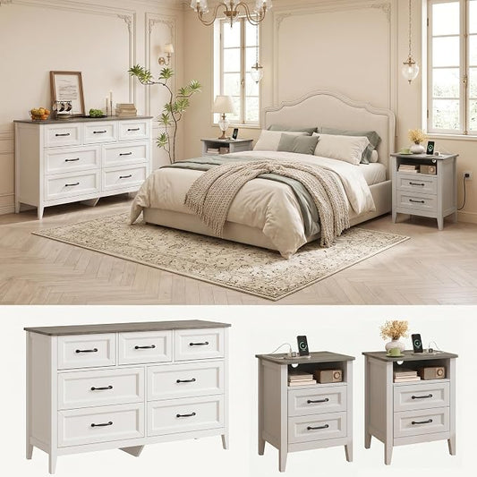 Gizoon 3 PCS Bedroom Furniture Set, 7 Drawer Dresser and 2 Nightstands with Charging Station, with Modern Grey Wooden Tabletop