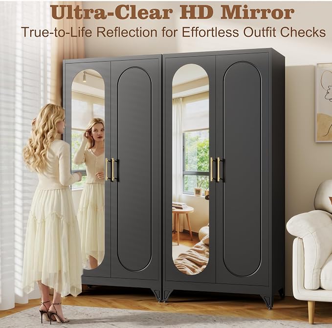 71" Arched Black Metal Wardrobe Closet with Full-Length Mirror, French Elegance Steel Armoire Clothes Storage Cabinet with Hanging Rod & Adjustable Shelves for Bedroom Home Office, 18" Deep