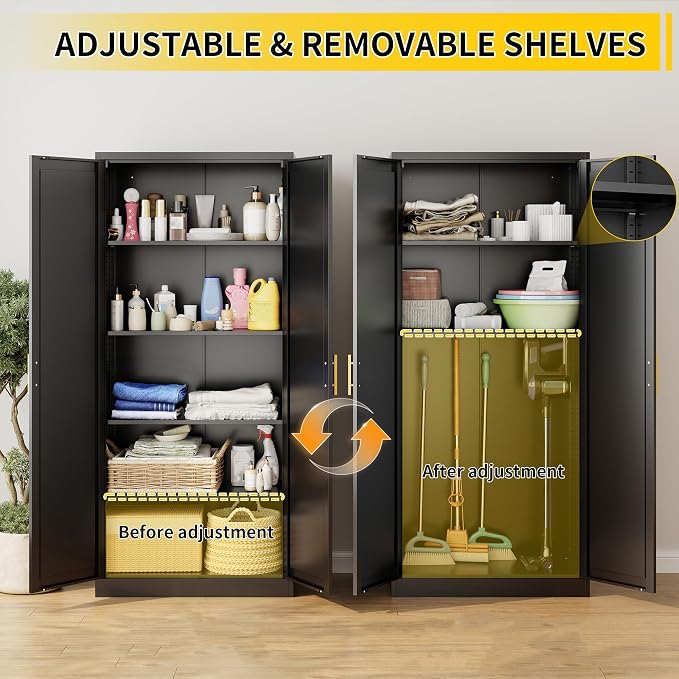 Metal Kitchen Pantry Cabinet, 71"H x 28"W x 14"D Cabinet with 2 Doors and 4 Adjustable Shelves, Kitchen Pantry Storage Cabinet, Metal Pantry Cabinet for Kitchen, Dining Room, Living Room-Black