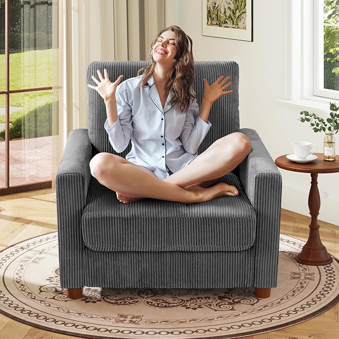 Kidirect 35.5in Oversized Accent Chair, Easy to Assemble Living Room Chairs, Corduroy Reading Chair for Bedroom, 22.5in Deeper Seats Accent Chairs for Living Room, Comfy Armchair Reading Nook, Grey