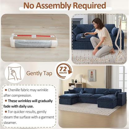 146''Cloud Boneless Sectional Couch, Modular Sectional Sofa Deep Seat with 2 Ottomans, Oversized Upholstered Convertible Comfy 6 Seater Chenille Sofa U Shape Couches for Living Room, Navy