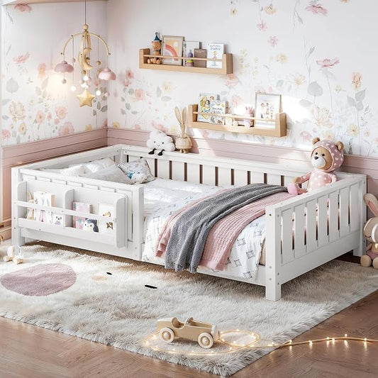 Bellemave Twin Floor Bed with Guardrail and Slats, Twin Size Montessori Floor Bed with Bookshelf and Fence, Easy Assemble Montessori Beds Frame for Girls, Boys, White