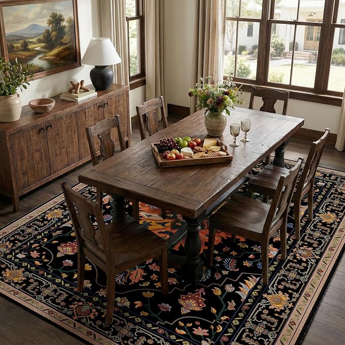 RELEANY Area Rugs 7'x10' Washable Non-Slip, Floral Vintage Distress Medallion Carpet for Living Room Bedroom Dining Room, Black Colorful Floral Dark Tan
