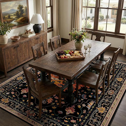 RELEANY Area Rugs 7'x10' Washable Non-Slip, Floral Vintage Distress Medallion Carpet for Living Room Bedroom Dining Room, Black Colorful Floral Dark Tan