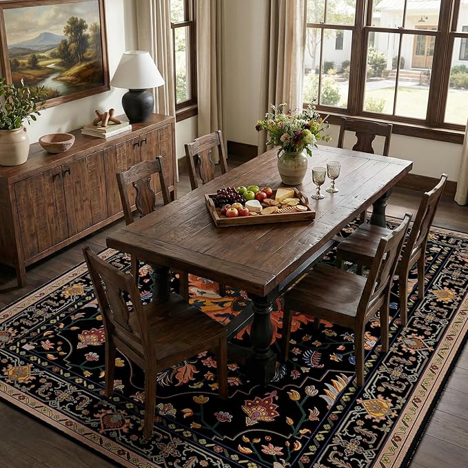 RELEANY Area Rugs 5'x7' Washable Non-Slip, Floral Vintage Distress Medallion Carpet for Living Room Bedroom Dining Room, Black Colorful Floral Dark Tan