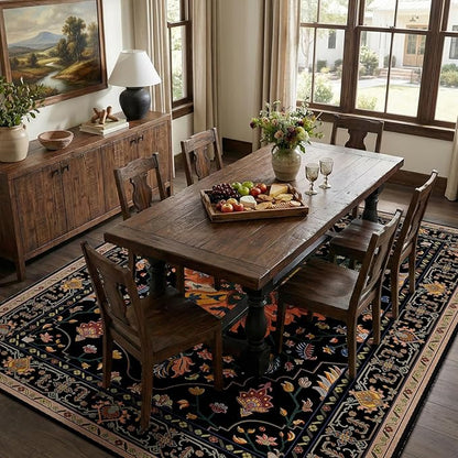 RELEANY Area Rugs 5'x7' Washable Non-Slip, Floral Vintage Distress Medallion Carpet for Living Room Bedroom Dining Room, Black Colorful Floral Dark Tan