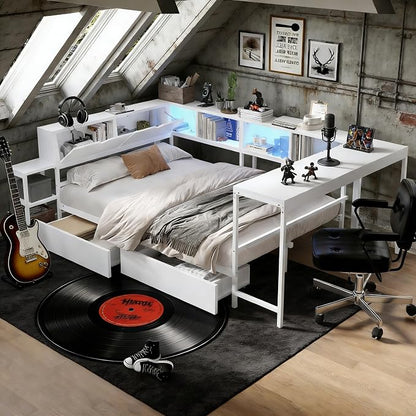 Bellemave Full Size Corner Bed Frame with Storage Drawers, Bookcase and Side Desk, Full Corner Bed with Light and Charging Station, Daybed for Bedroom, Living Room, Guest Room White