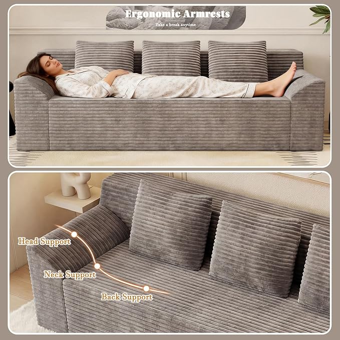 71" Corduroy Living Room Sofa, 3 Setaser Deep Seat Couch with 3 Lumbar Pillows, Comfy Boneless Sofa Modern Compressed Couch for Bedroom, Office, Apartment, No Assembly, Curved Armrests (Camel)