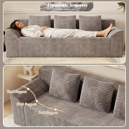 71" Corduroy Living Room Sofa, 3 Setaser Deep Seat Couch with 3 Lumbar Pillows, Comfy Boneless Sofa Modern Compressed Couch for Bedroom, Office, Apartment, No Assembly, Curved Armrests (Camel)