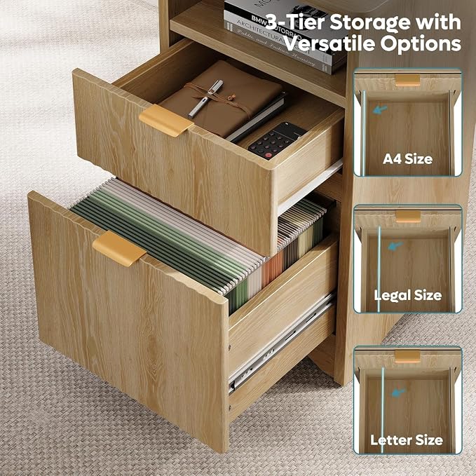 Bestier L Shaped Desk with File Drawer, 55.7" x 55" Office Computer Desk with Round Corners, Modern Desk with Monitor Stand & Fluted Panels for Home Office, Natural Oak