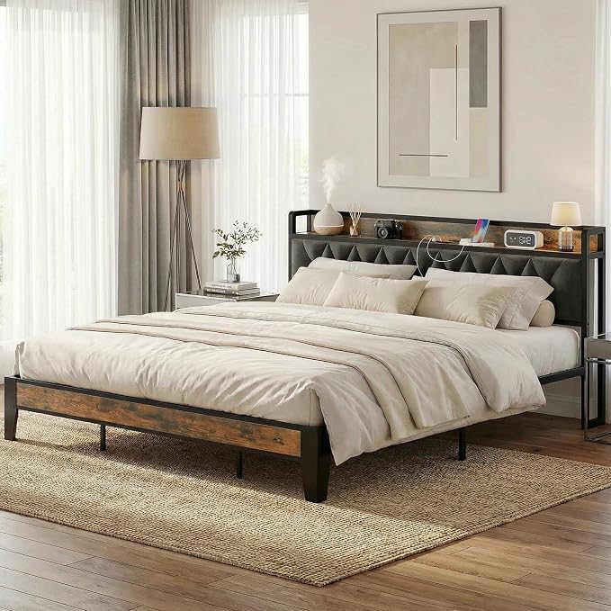 ANCTOR King Bed Frame, Upholstered Tufted Headboard, Storage Shelves & Charging Station, No Box Springs Needed, Sturdy, Noise-Free, Modern Vintage Style