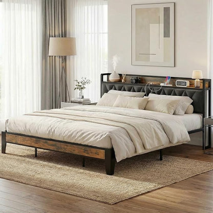 ANCTOR King Bed Frame, Upholstered Tufted Headboard, Storage Shelves & Charging Station, No Box Springs Needed, Sturdy, Noise-Free, Modern Vintage Style