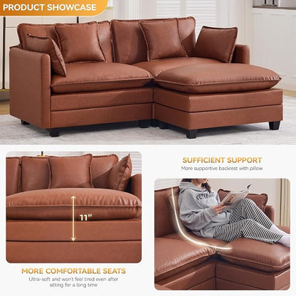 76'' Cloud Deep Seat Loveseat Sofa, Upholstered Leather Modular 2-Seats Sectional Sofa Couch with Movable Ottoman, Modern Comfy Settee Loveseat for Living Room Set, Small Apartment,Leather Brown