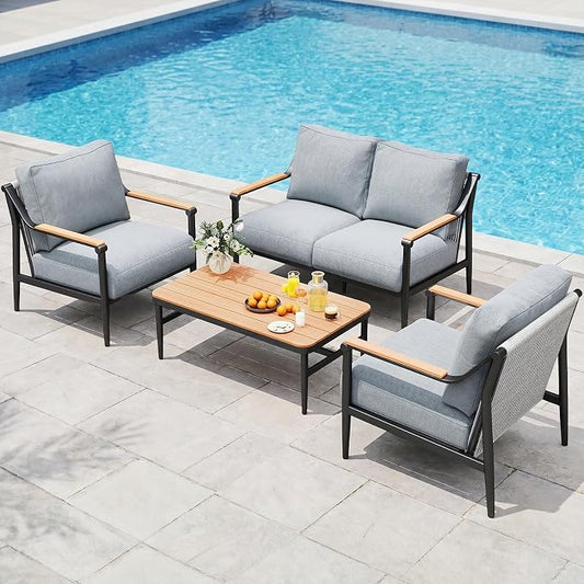 Jocoevol 4 Pieces Outdoor Sofa Conversation Set, 4 Seats Couch Set with Table, Metal Frame Rope Weaving Design UV Resistance Waterproof for Patio Garden Balcony, Grey