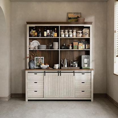 Bobve 78 * 67" Large Farmhouse Pantry Cabinet with Countertop, Buffet Cabinet,Tall Kitchen Hutch with Partitions and 6 Drawers,Suitable for Kitchen,Dining Rooms,Easy to Assemble