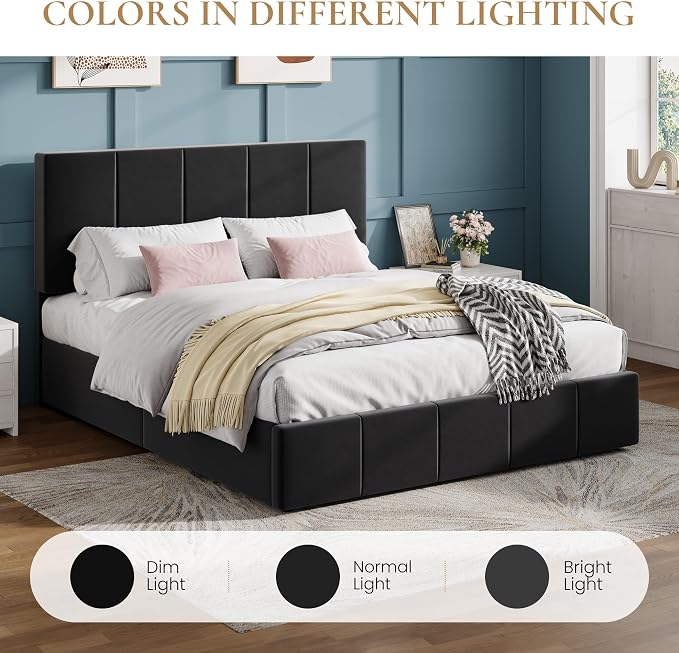 SHA CERLIN Full Size Bed Frame, Velvet Upholstered Platform Bed, Vertical Channel Tufted Adjustable Headboard, Low Profile Bed Frame, No Box Spring Needed, Easy Assembly, Black