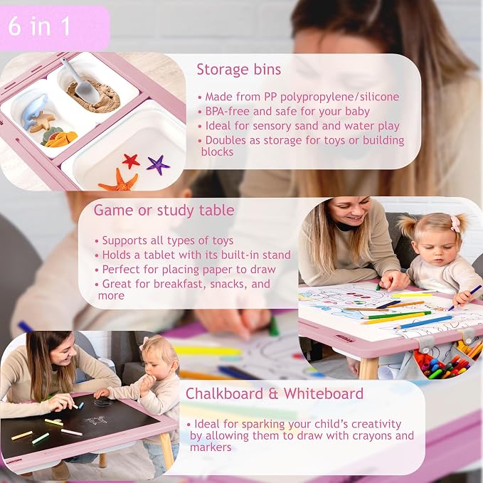 Sensory Table for Toddlers Wooden Montessori Adjustable Activity Table | Adjustable height grows with child · 3 sensory bins · Converts to activity table · Montessori open-ended play · Storage bags