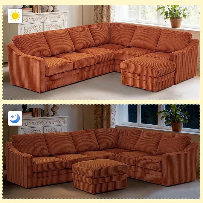 115 Inches Corduroy Sectional Sofa with Storage Ottoman, Modern 7 Seats Corner Couch with Deep Seat, Comfy Modular U Shaped Couch with Comfortable Cushions for Living Room, Orange