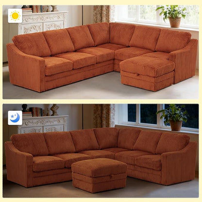 115 Inches Corduroy Sectional Sofa with Storage Ottoman, Modern 7 Seats Corner Couch with Deep Seat, Comfy Modular U Shaped Couch with Comfortable Cushions for Living Room, Orange