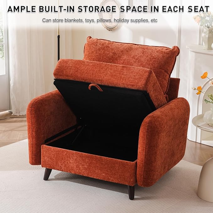 Rexulqo Oversized Accent Chair with All Seats Storage,Comfy Living Room Chairs with 2 Throw Pillow,Upholstered Mid-Century Armchair,24.5'' Deep Seat,Reading Chair for Bedroom,Office,Chenille,Orange