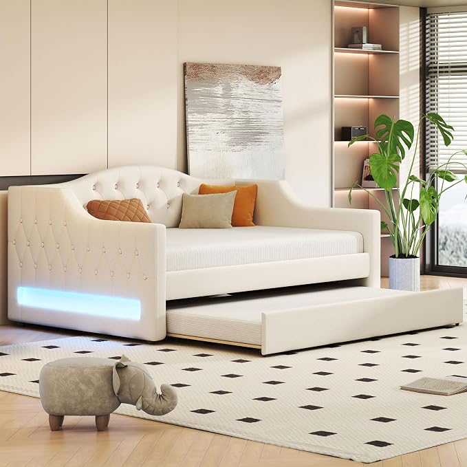 Merax Modern Upholstered Platform Bed Frame with Trundle Bed, Linen Sofa Day Bed with Headboard, No Box Spring Needed/Easy Assemble/Full XL,Beige