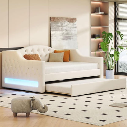 Merax Modern Upholstered Platform Bed Frame with Trundle Bed, Linen Sofa Day Bed with Headboard, No Box Spring Needed/Easy Assemble/Full XL,Beige