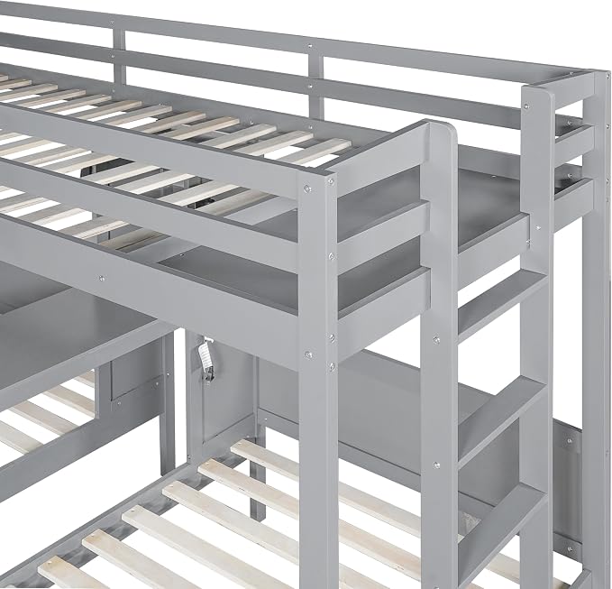 VilroCaz Twin Over Twin & Twin Bunk Bed with Built-in Desk and Storage Shelves, 3 Beds in 1 Design Solid Wood Triple Bunk Bed with Reading Lamp and Guardrails for Kids Teens Aldults (Gray-2.14)