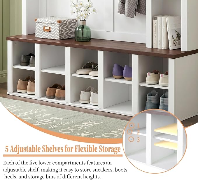 Hall Tree with Bench and Shoe Storage,Shoe and Coat Rack with Drawer and Hooks,Farmhouse Furniture for Entryway,Mudroom,Living Room,Black (White, 59.2")