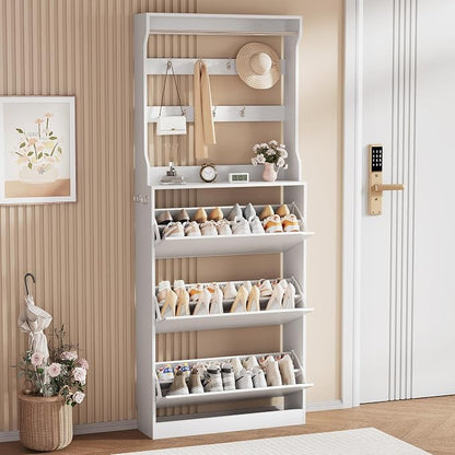 Shoe Storage Cabinet, Wood Shoe Organizer for Entryway with 3 Flip Drawers, Freestanding Shoe Rack with Adjustable Shelf, Narrow Shoe Dresser for Front Door Entrance (White, Tall 3 Drawers)