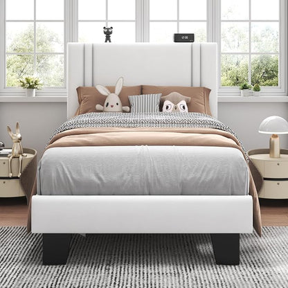 Feonase Twin Platform Bed Frame, Velvet Upholstered Twin Bed Frame, Solid Wood Slats & Heavy Duty Feet Support, No Box Spring Needed, Noise-Free, Easy Assembly, White