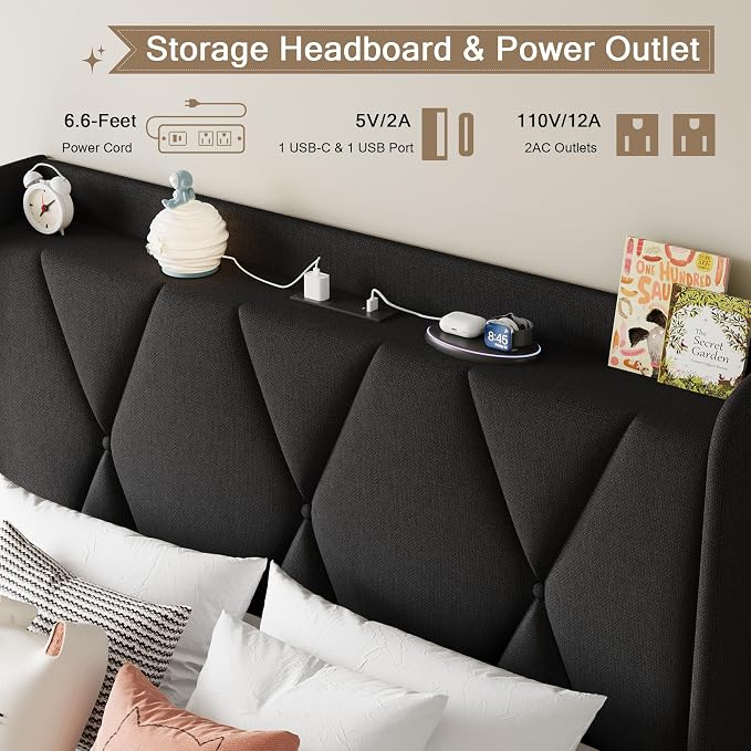 Einhomn Twin Bed Frame with 3 Storage Drawers, Upholstered Bed Frame with Charging Station and Storage Headboard, No Box Spring Needed, Easy Assembly, Black