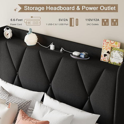 Einhomn Twin Bed Frame with 3 Storage Drawers, Upholstered Bed Frame with Charging Station and Storage Headboard, No Box Spring Needed, Easy Assembly, Black