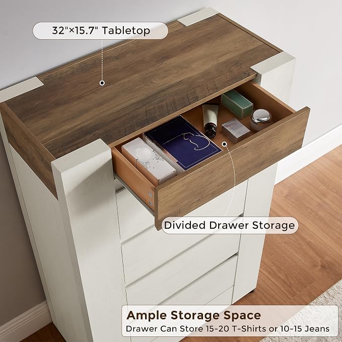 OKD 5 Drawer Dresser for Bedroom, 48" Tall Dresser Chest of Drawers with Thick Wood Design, Handleless, Modern Bedroom Dresser, Storage Organizer for Living Room/Entryway, Antique White