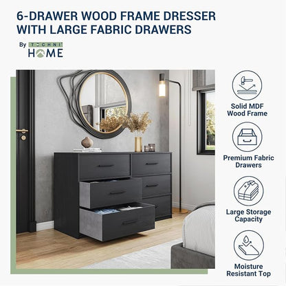 Modern 6-Drawer Dresser with Spacious Storage, Sturdy Wood Frame, Large Capacity Fabric Drawers, Dressers for Bedroom, Home Organization Storage for Living Room or Hallway, Black | 6-drawer dresser, fabric storage drawers, sturdy wood frame, bedroom or...