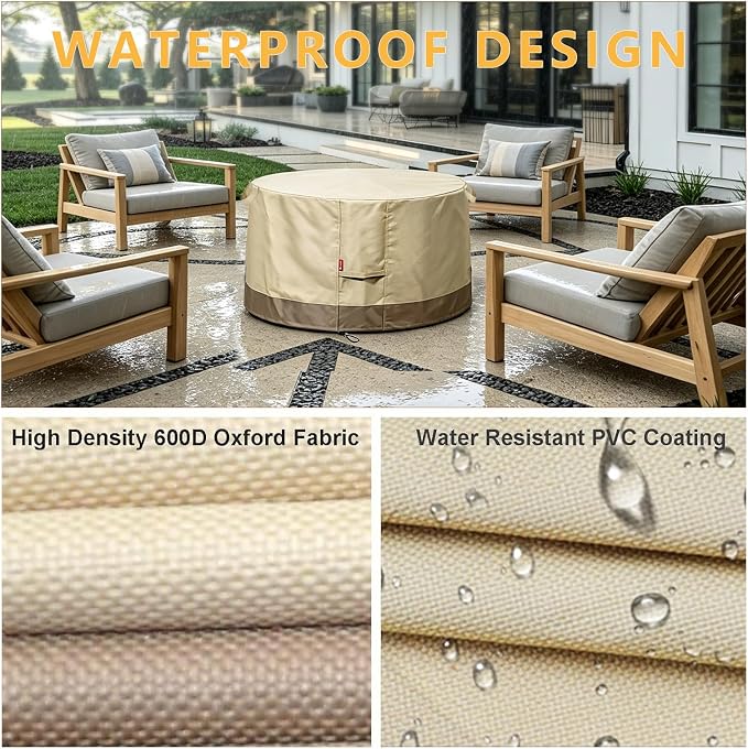 SheeChung Fire Pit Cover Round 28" D x 18" H,Waterproof 600D Material,Beige | Fits Solo Stove Yukon,PVC Inner Coating,Heavy Duty Outdoor Fire Pit Cover,Tear&Fade Resistant,Fits 24"-28" Smokeless Firepit