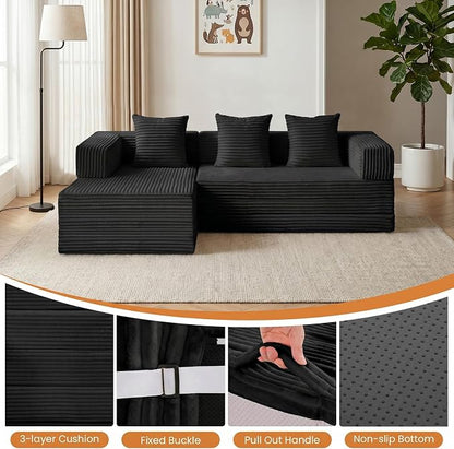 79" Modular Sectional Sofa, Boneless Convertible Sleeper Sofa Bed, Modern Tri-Folding Cloud Couch with L-Shape Chaise, Corduroy Futon for Living Room Small Spaces Apartment, No Assembly