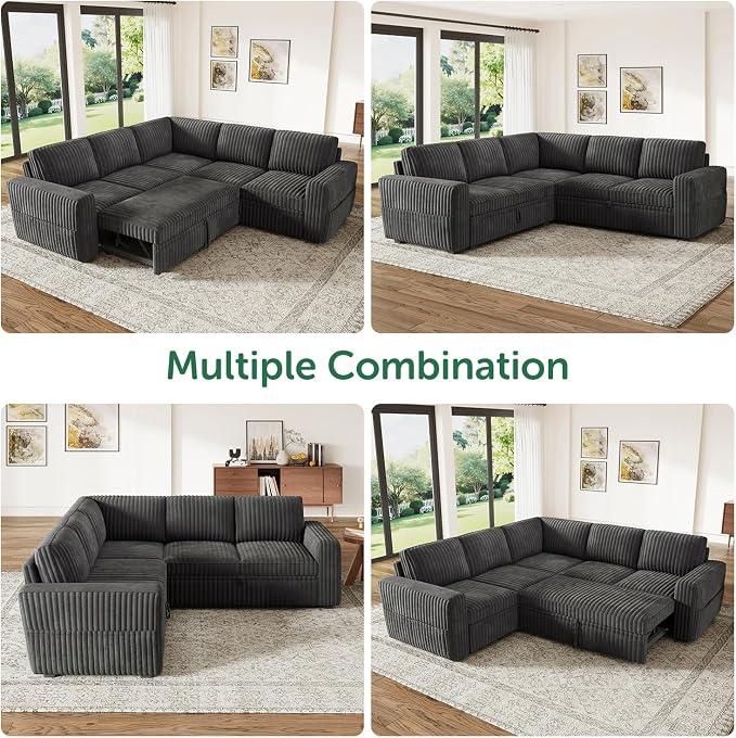 HONBAY Modular Sectional Sleeper Sofa with Pull Out Bed,Corduroy L Shaped Couch with Storage, Sectional Couches for Living Room,Dark Grey
