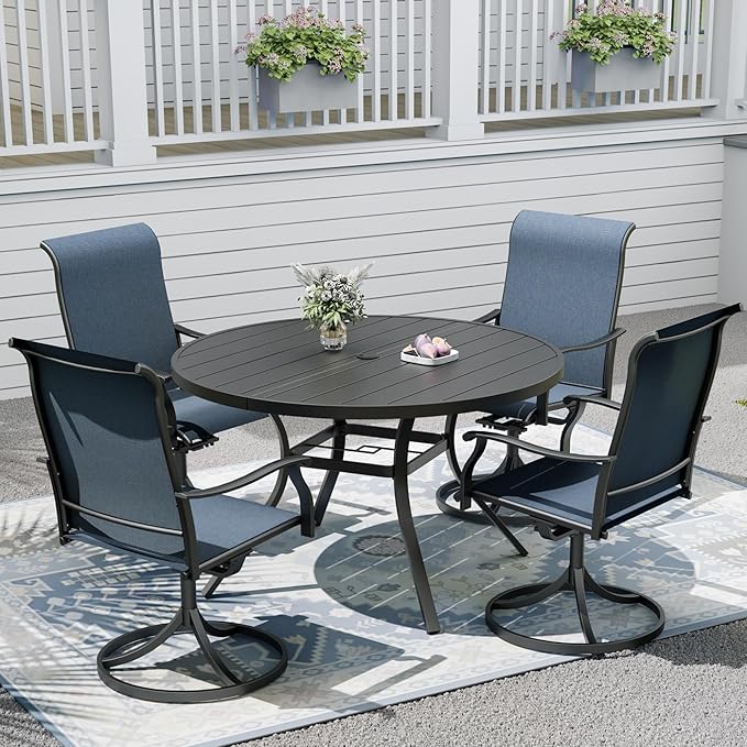Outdoor Dining Table with 4PCS Swivel Chairs,48"x 48"x 28" Round Patio Table with Adjustable Umbrella Hole,Stable Patio Dining Set for Home or Outside