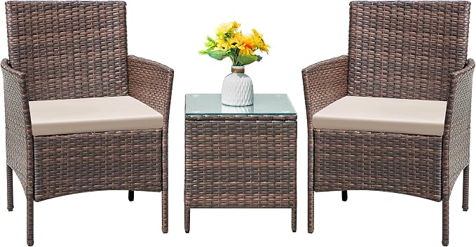 Flamaker Patio Furniture Set 3 Pieces All-Weather Rattan Outdoor Furniture Patio Chairs with Tempered Glass Table for Porch Bistro Balcony (Brown/Cream)