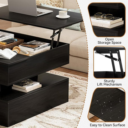 FABATO Lift Top Coffee Table with Storage and Hidden Compartment, Wood Square Coffee Table for Living Room,31.5'' Small Center Table with Open Display Shelf for Dining Reception Room, Black