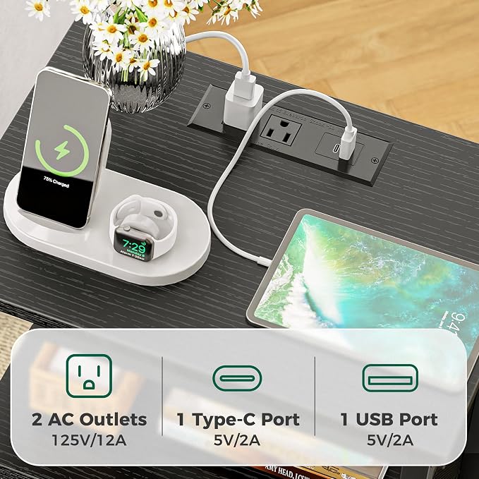 Huuger Nightstands Set of 2, End Tables with Charging Station, Side Tables with Fabric Drawers, Bedside Tables with USB Ports and Outlets, Night Stands for Bedroom, Black
