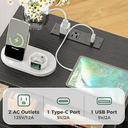 Huuger Nightstands Set of 2, End Tables with Charging Station, Side Tables with Fabric Drawers, Bedside Tables with USB Ports and Outlets, Night Stands for Bedroom, Black