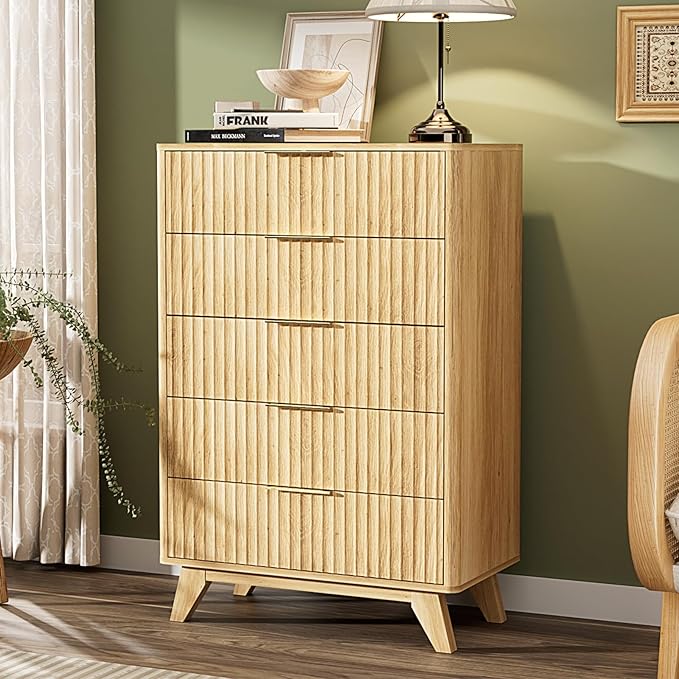 VINGLI Tall Dresser for Bedroom, Fluted Dresser Vertical Chest of Drawers, Tall Chest of Drawers Bedroom with Rounded Edges, 29.92" W*15.6" D*44.88" H
