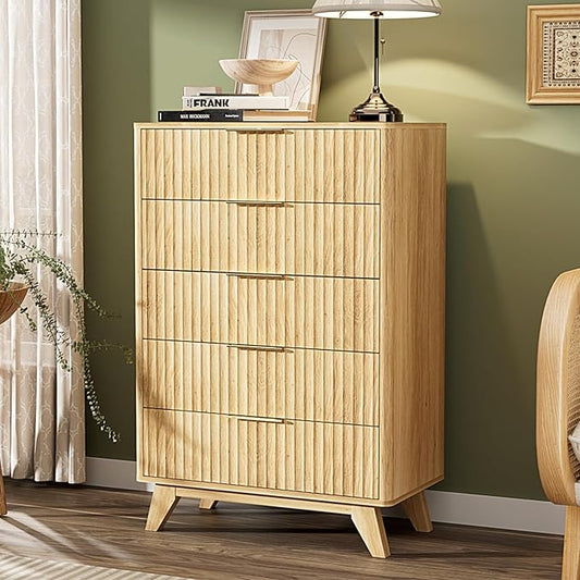 VINGLI Tall Dresser for Bedroom, Fluted Dresser Vertical Chest of Drawers, Tall Chest of Drawers Bedroom with Rounded Edges, 29.92" W*15.6" D*44.88" H