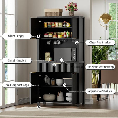 Lulive 71" Fluted Pantry Cabinet with Charging Station, Black | Adjustable Shelves, Open Countertop, Drawer, Spacious Kitchen Storage