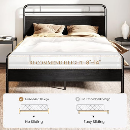 SHA CERLIN Queen Size Bed Frame with Vintage Industrial Wood Headboard, Heavy Duty Metal Platform, 12 Inch Under Bed Storage, Noise-Free, No Box Spring Needed, Easy Assembly, Black