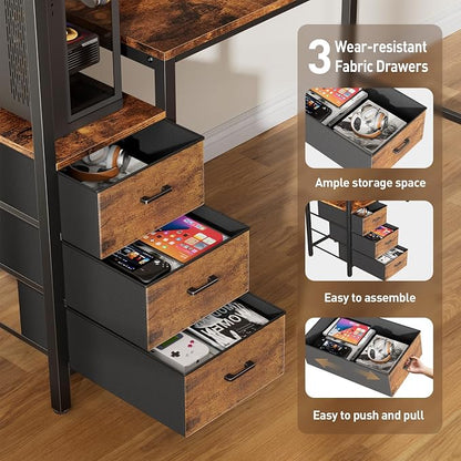 HLDIRECT 60 inch Gaming Desk with 3 Fabric Drawers & Side Hooks-Reversible Home Office Computer Desk with Power Outlets & Led Lights, Gamer Desk Table with Monitor Stand, Rustic Brown